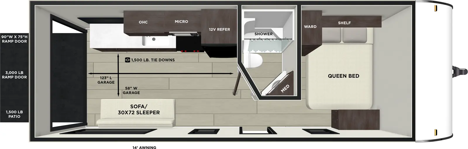 The Wildwood FSX 189RTK floorplan is a toy hauler that has one entry and zero slide outs. Exterior features include: metal exterior and 14' awning. Interiors features include: front bedroom.